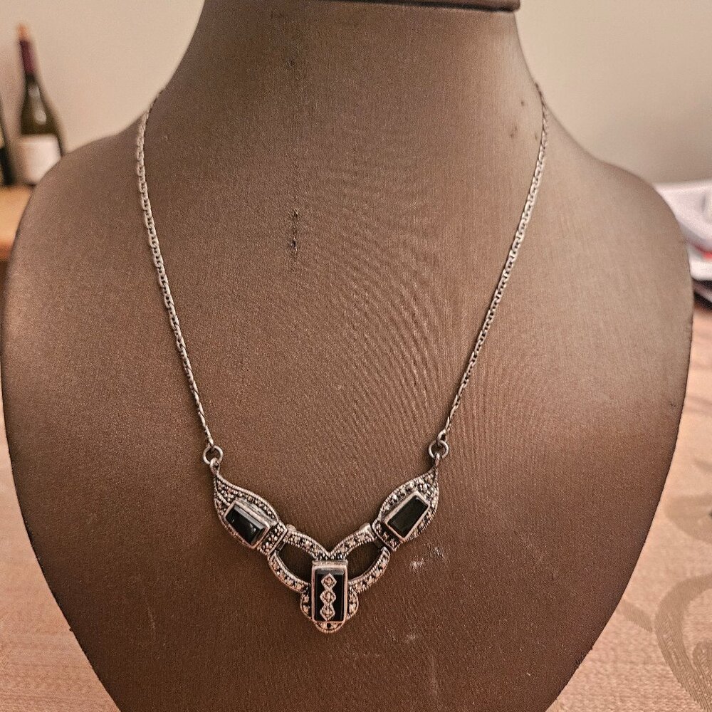 Vintage Sterling Silver Marcasite and Onyx Statement Necklace